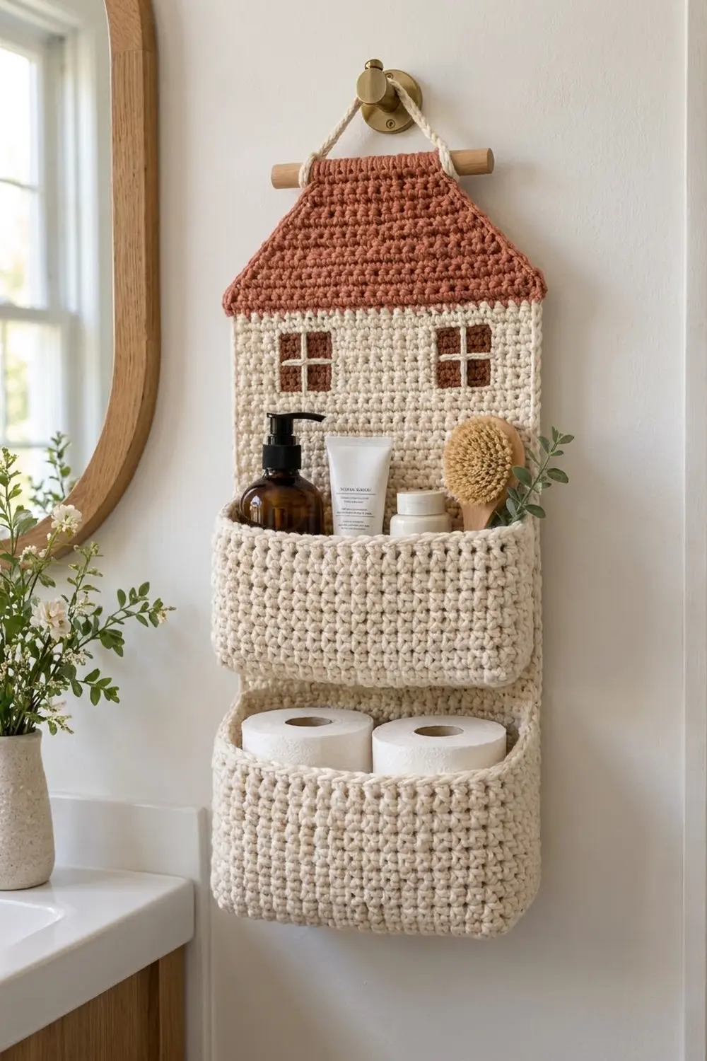 Handmade crochet house organizer with rust roof and cream walls holding skincare, brushes, and toilet paper rolls on white wall.