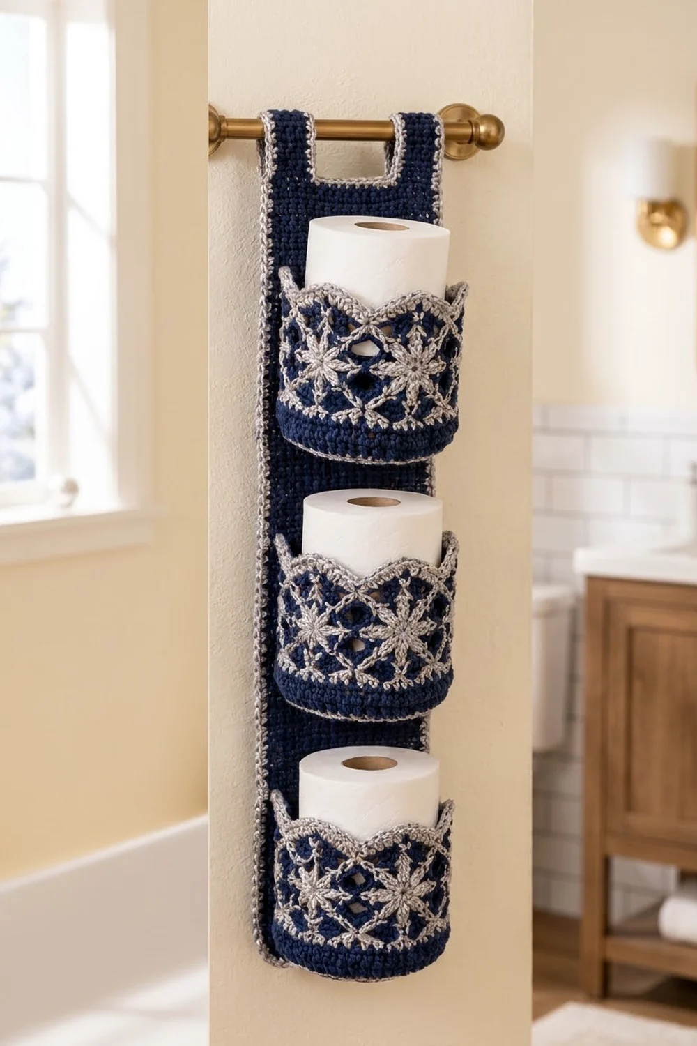 Crocheted navy holder with cream lace pockets stores three white toilet paper rolls on a brass bathroom rod.