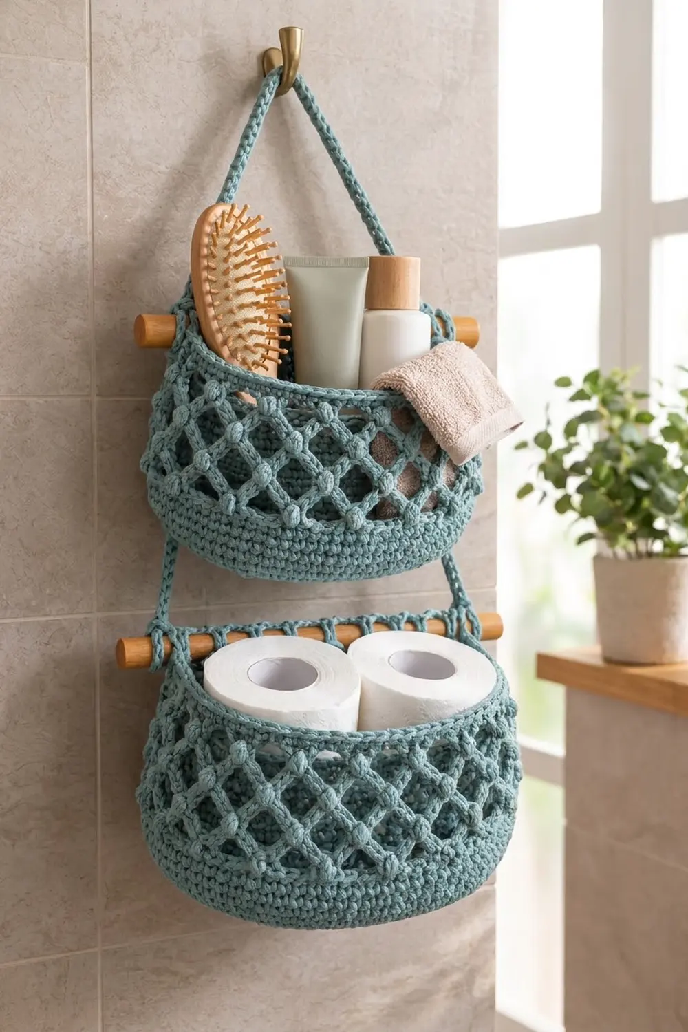 Two dusty teal crocheted hanging baskets with wooden beads and rope holding bathroom essentials in a tiled bathroom.