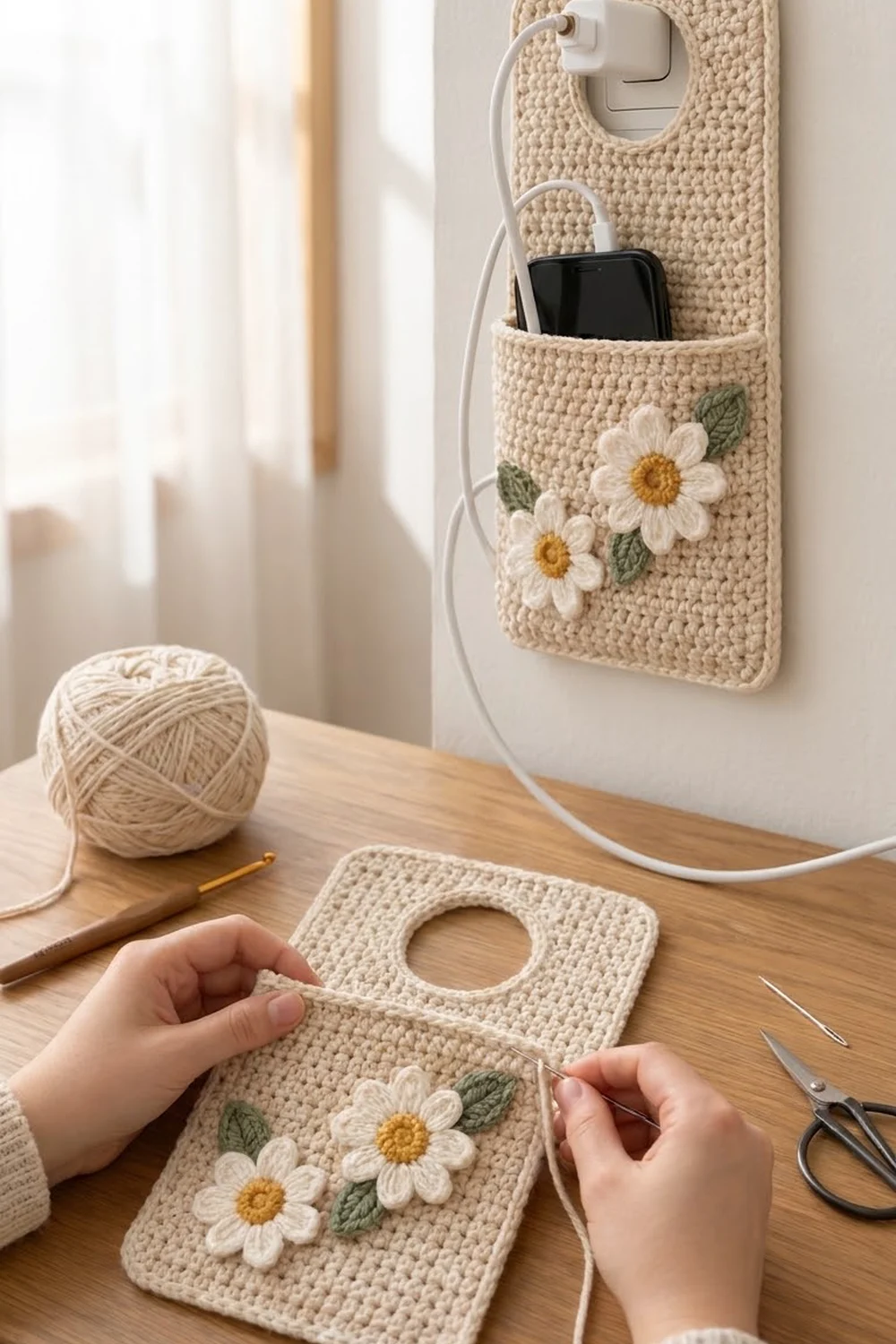 Cream crocheted phone holder with white daisies mounted on wall and matching piece on wooden desk surrounded by crafting supplies.