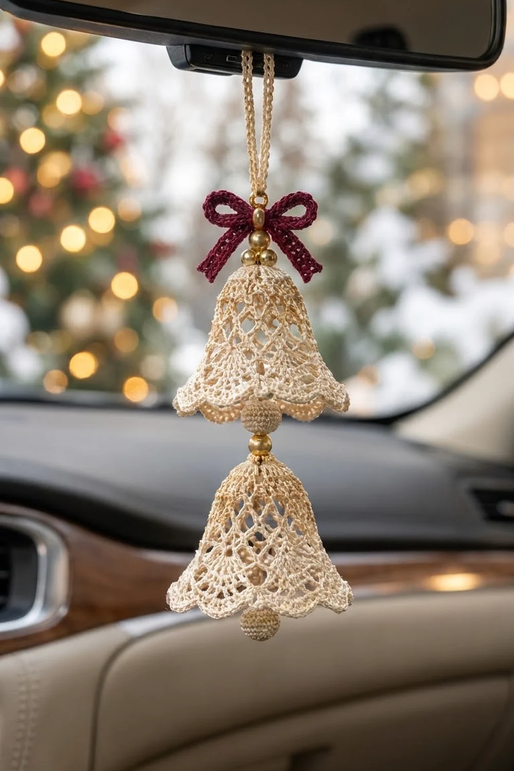 Crocheted cream lace bell with burgundy bow hanging from gold chain on car rearview mirror near snowy window.