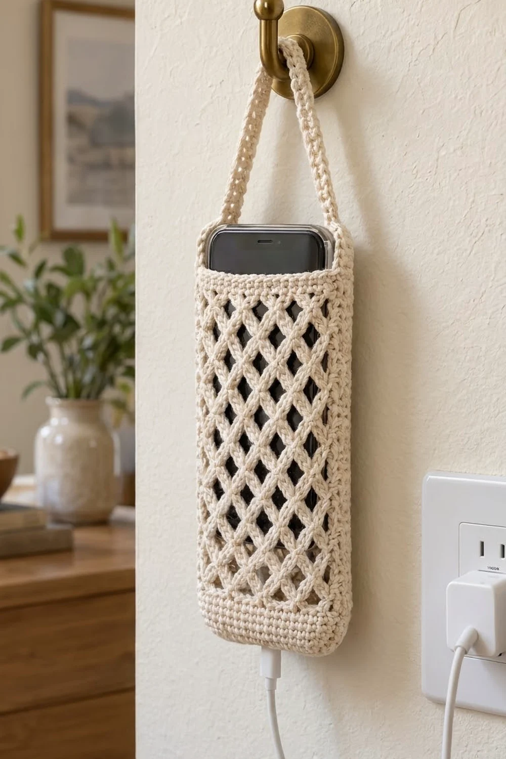 Cream crocheted phone holder with diamond lattice pattern hangs from brass hook, displaying a smartphone inside.