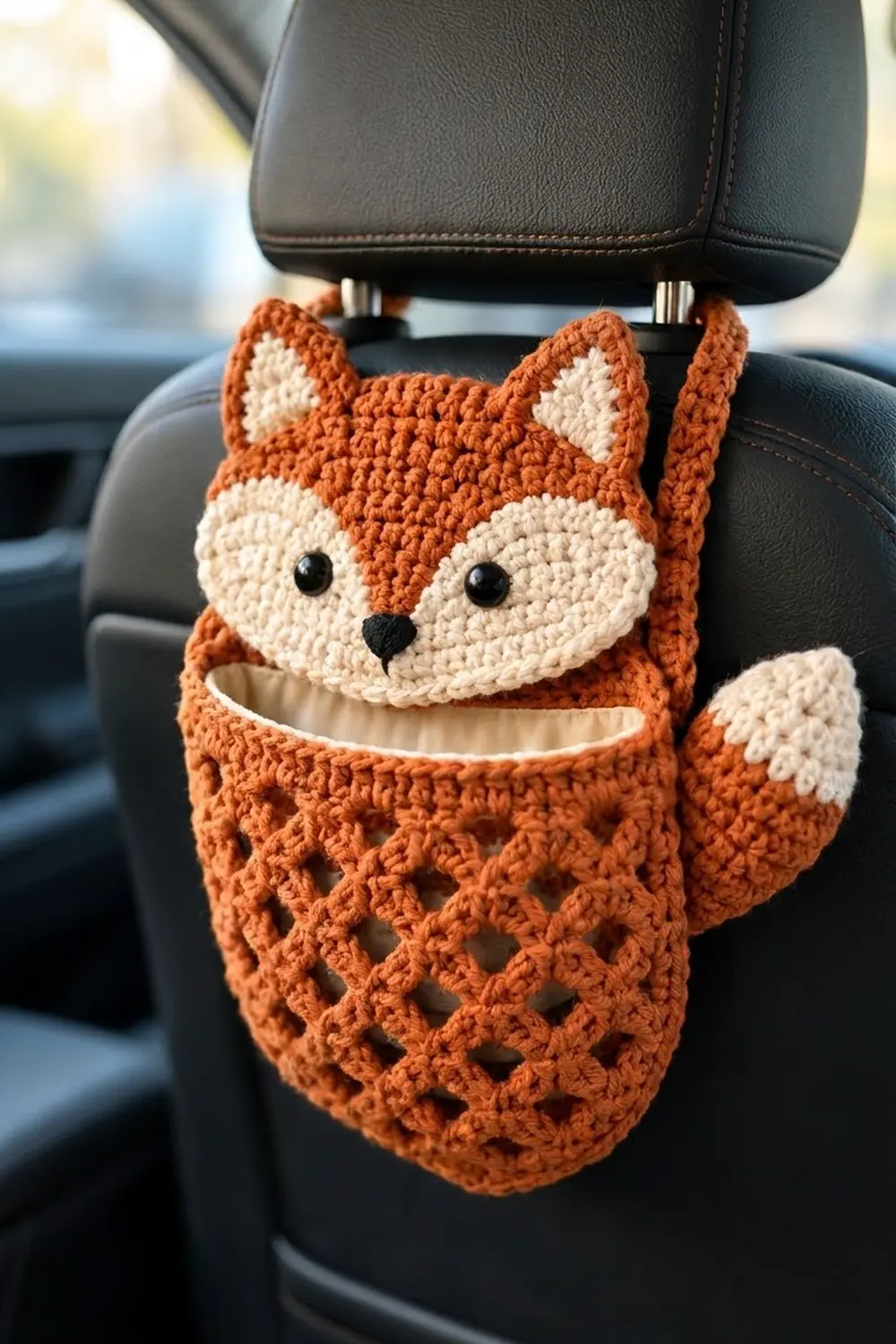 Crocheted orange and cream fox car organizer with black eyes hanging from a back seat headrest in a vehicle.
