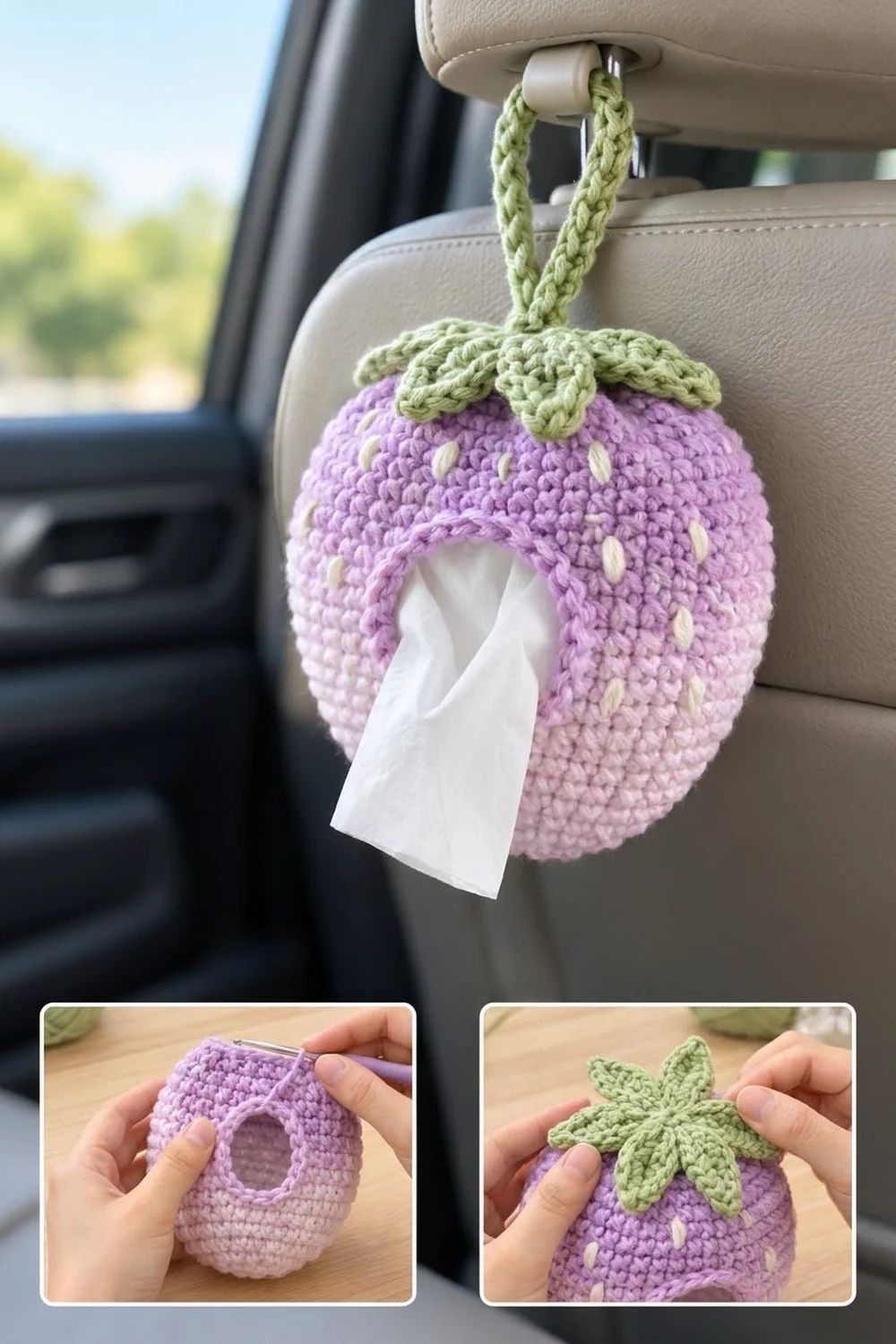 Crocheted purple eggplant tissue holder with green leafy stem hanging from car seat, dispensing white tissues.