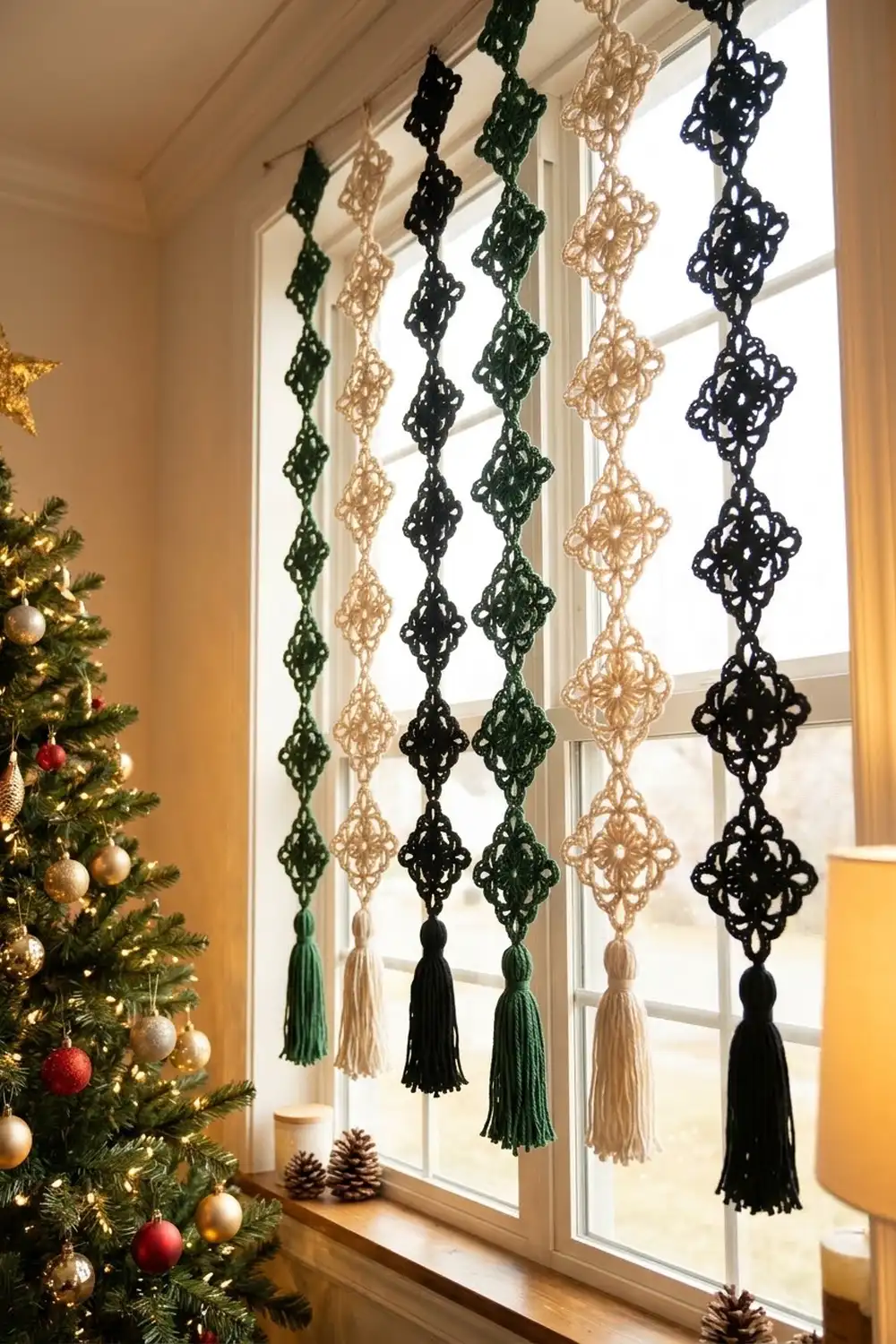 Crocheted diamond-patterned garlands in green, cream, and black with tassels hang in a window beside a decorated Christmas tree.
