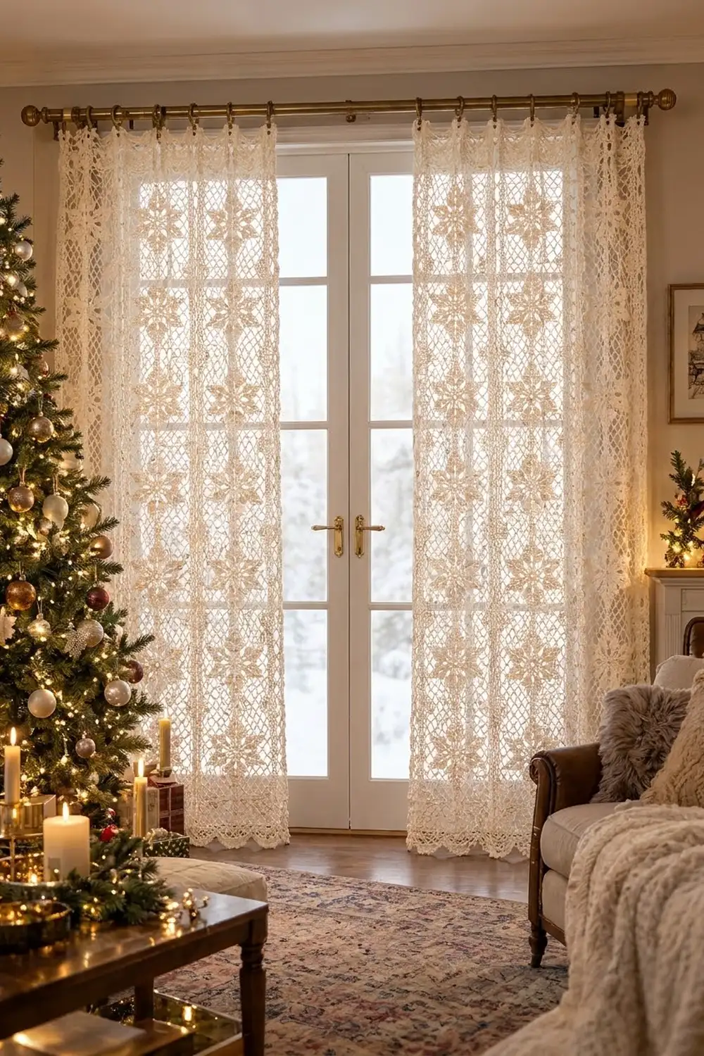 Ivory lace curtains with damask pattern frame French doors in a warmly decorated holiday living room.