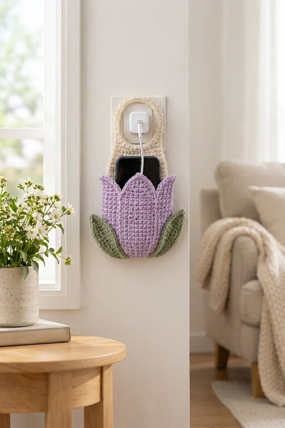 Crocheted sage-green Christmas tree with cream star and burgundy ornaments hanging on a wooden door.