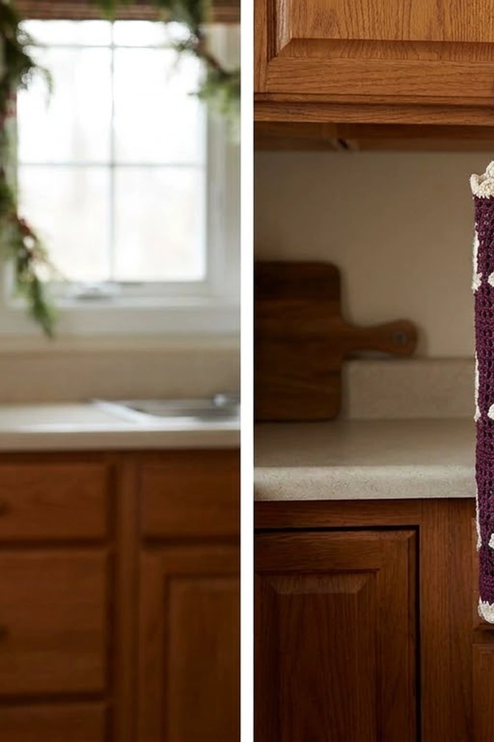 Deep purple crocheted throw with cream edging displayed on wooden cabinetry beside a bright window.