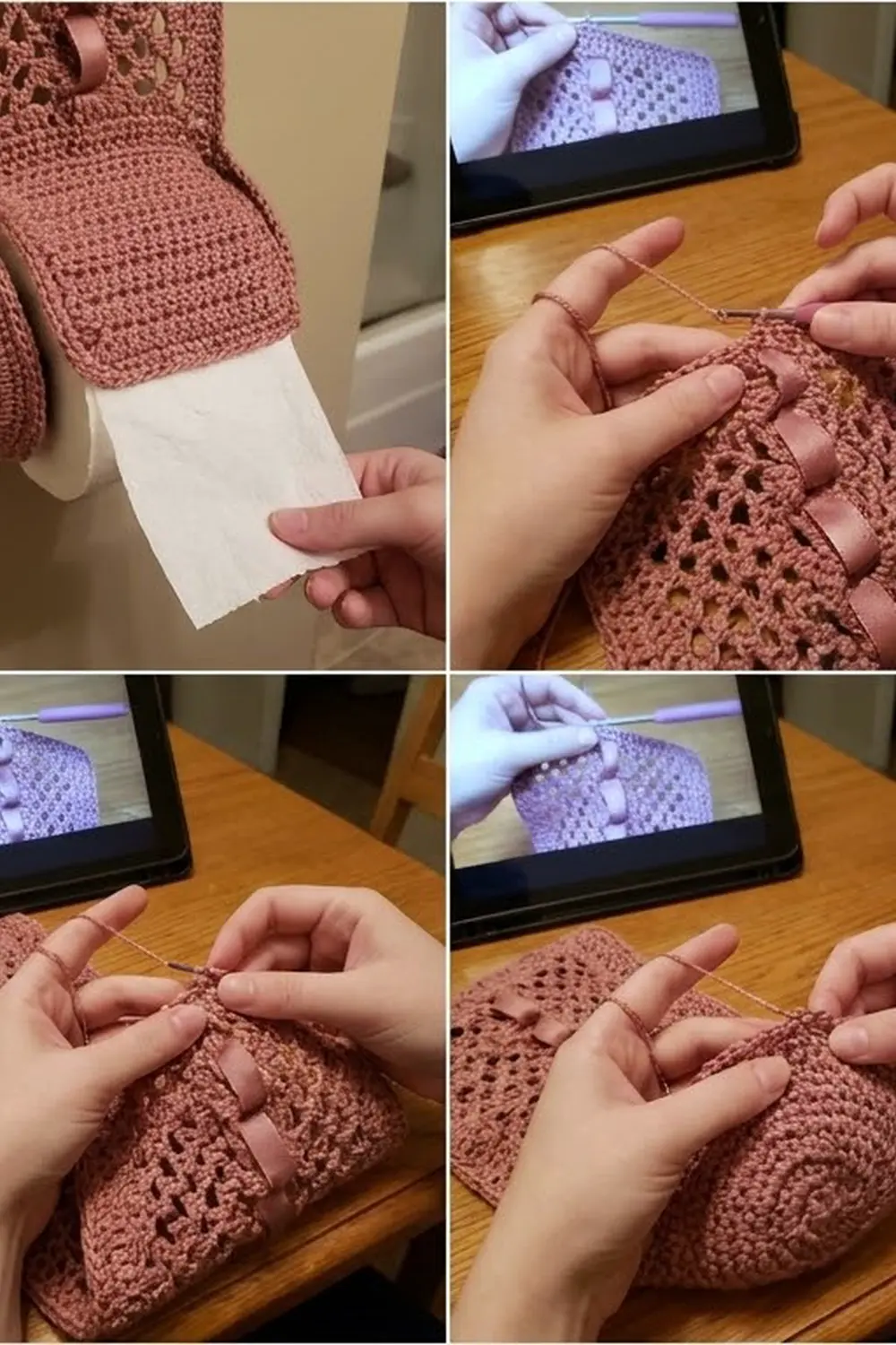 Hands demonstrate terracotta crocheted cardigan with openwork stitches on wooden table next to pattern tablet.