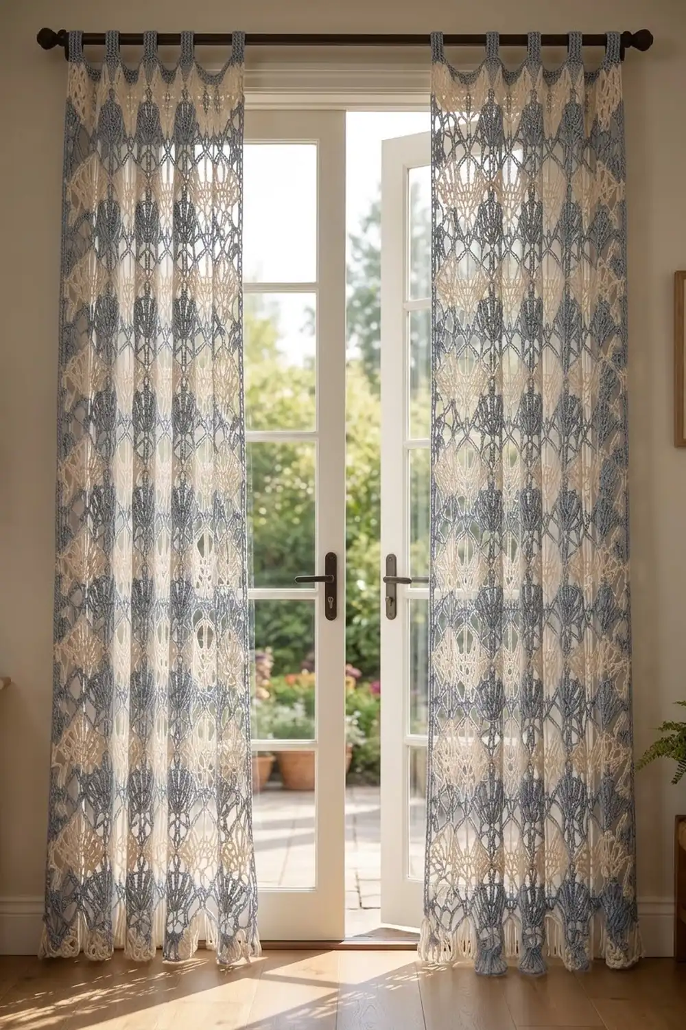 Patterned blue and beige curtains frame French doors opening to a sunny garden patio.