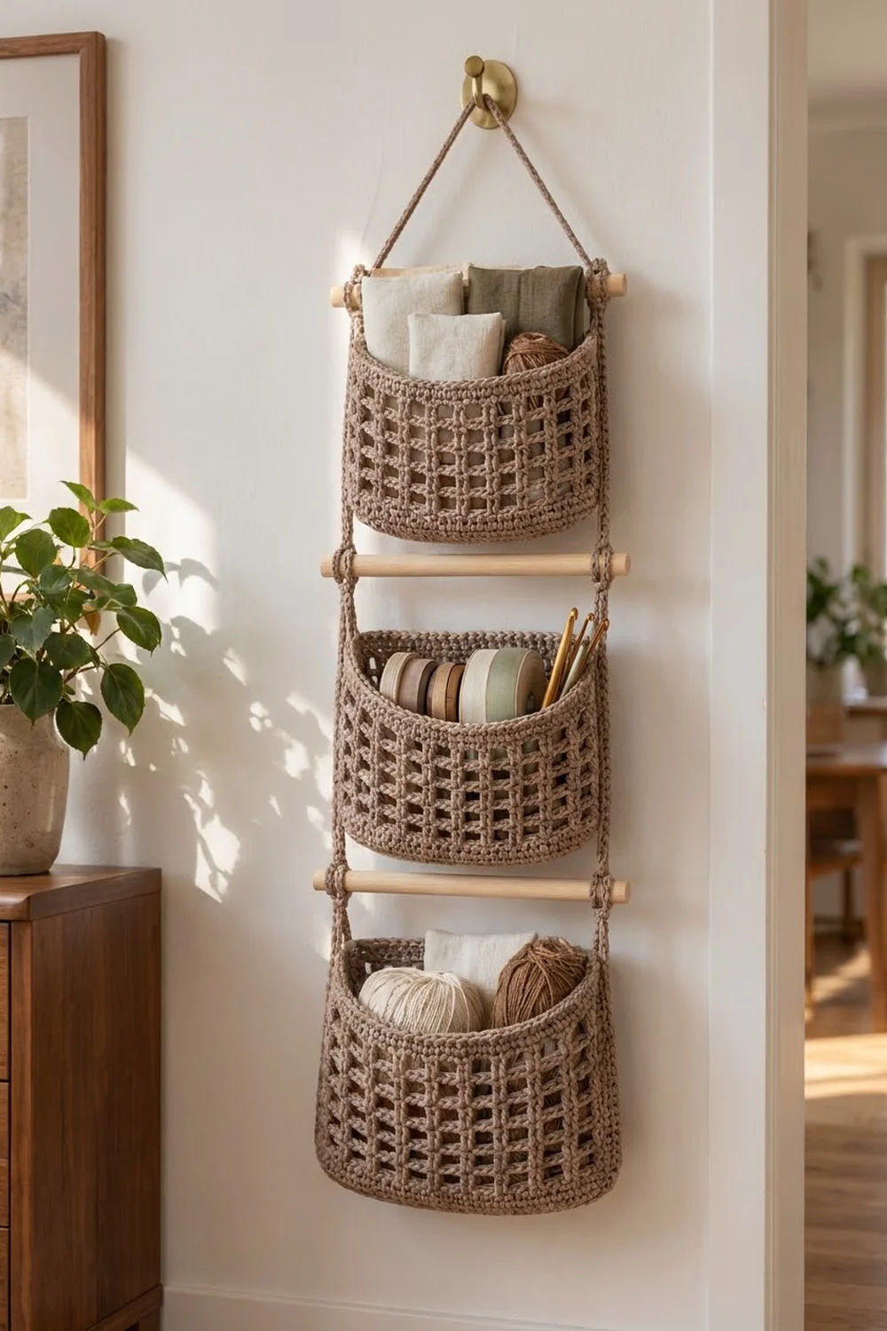 Beige crocheted three-pocket wall organizer with wooden dowels displaying textiles, striped papers, and yarn balls in a sunlit interior.