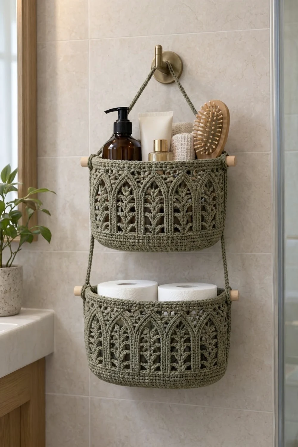 Sage green crocheted hanging baskets mounted on a bathroom wall, holding bath supplies and toilet paper rolls.