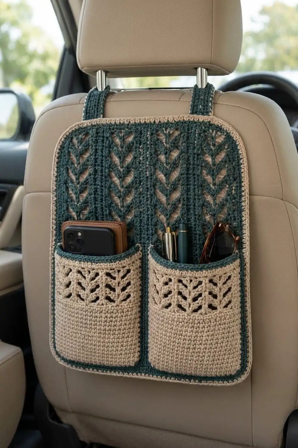 Teal and cream crocheted car seat organizer with pockets holding a phone and sunglasses, hanging in a vehicle.
