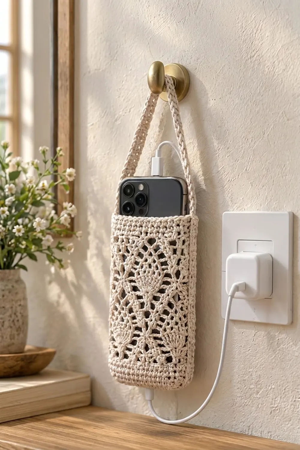 Cream crocheted phone holder with open lace pattern hangs from a brass hook, holding a black phone near a window.