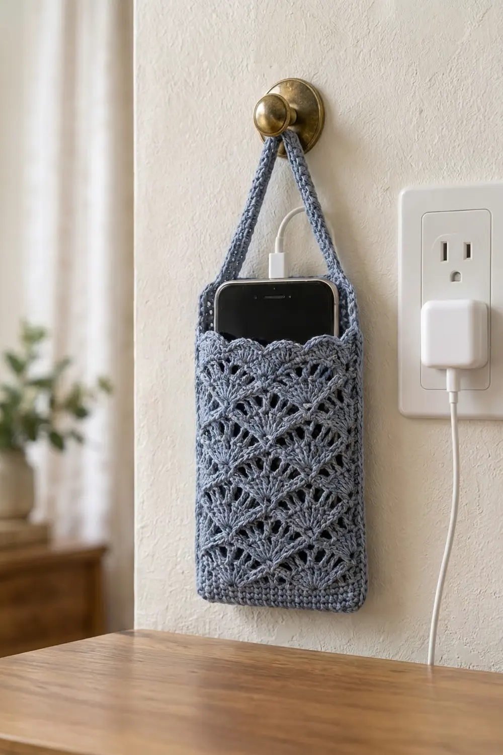 Blue crochet phone holder holding a smartphone, hanging from a brass hook on a cream wall beside an outlet.