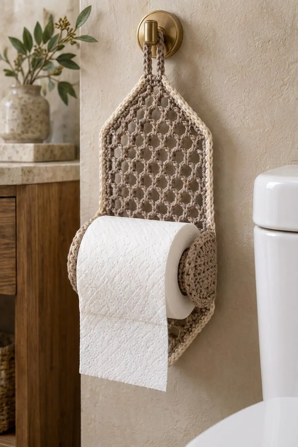 Crocheted toilet paper holder in cream with lattice pattern mounted on bathroom wall with gold fixture.
