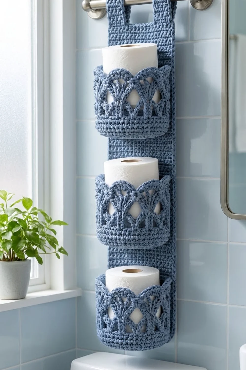 Crocheted blue toilet paper holder with openwork lace pattern hanging in bright bathroom, storing three white tissue rolls.
