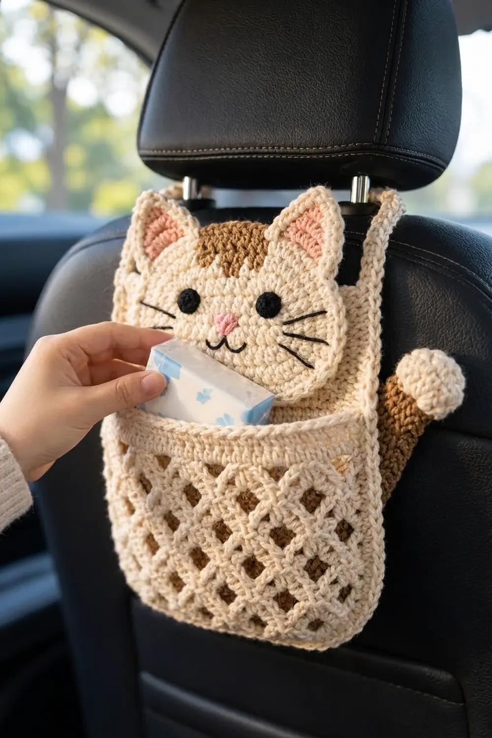 Cream crocheted cat tissue holder hanging from car headrest with hand pulling out a tissue.