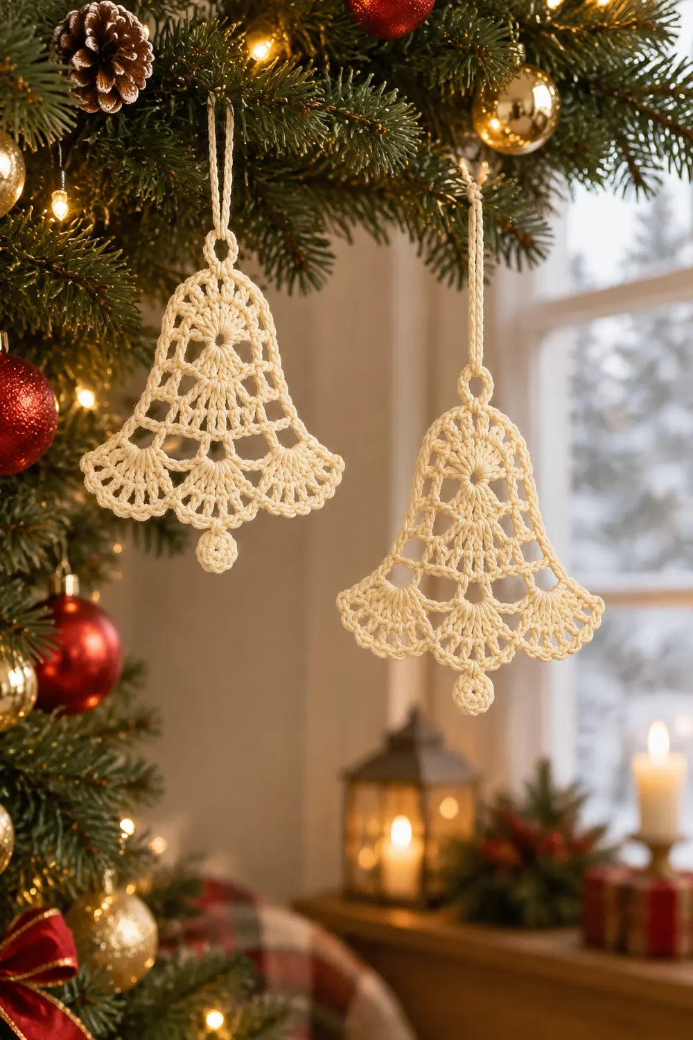 Two cream crocheted bell ornaments hang from twine among evergreen branches, gold lights, and red baubles.