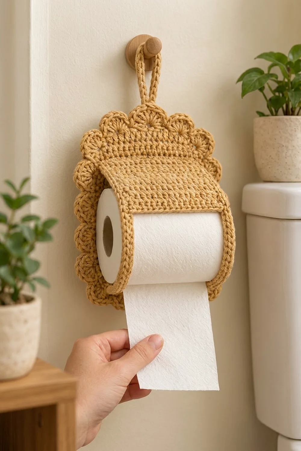 Crocheted tan toilet paper holder with scalloped edges mounted on white wall, styled with green potted plants and ceramic accessories.