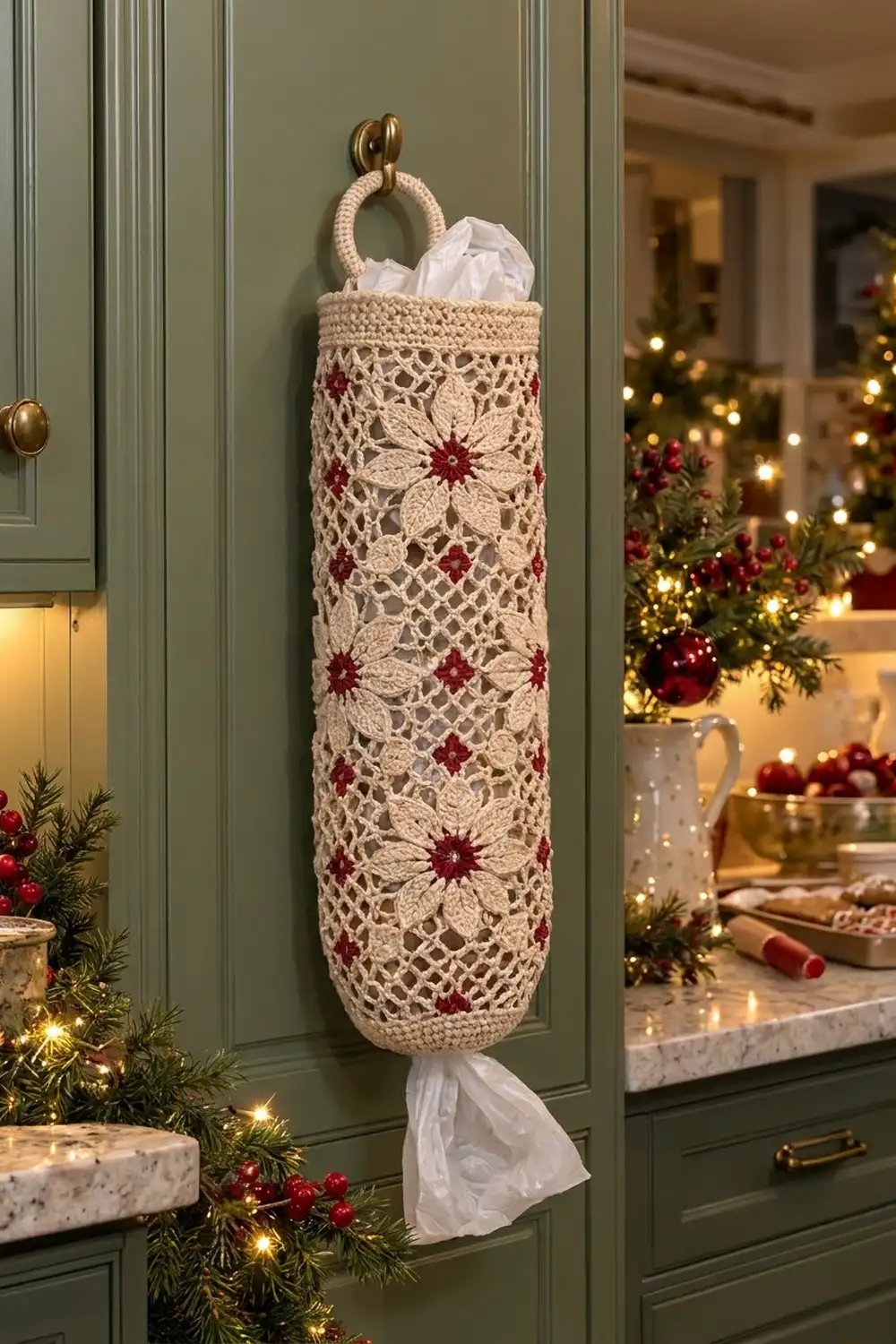 A cream lace tissue organizer with burgundy flowers hangs on a green cabinet surrounded by holiday garland and lights.