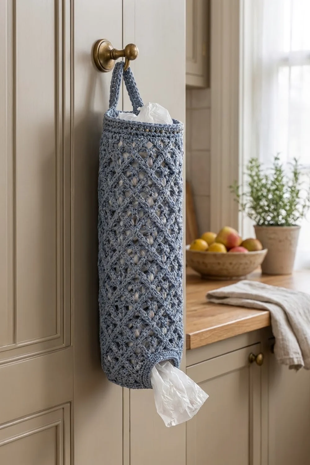 Slate blue crocheted plastic bag holder hanging from a brass hook on a kitchen cabinet with farmhouse decor.
