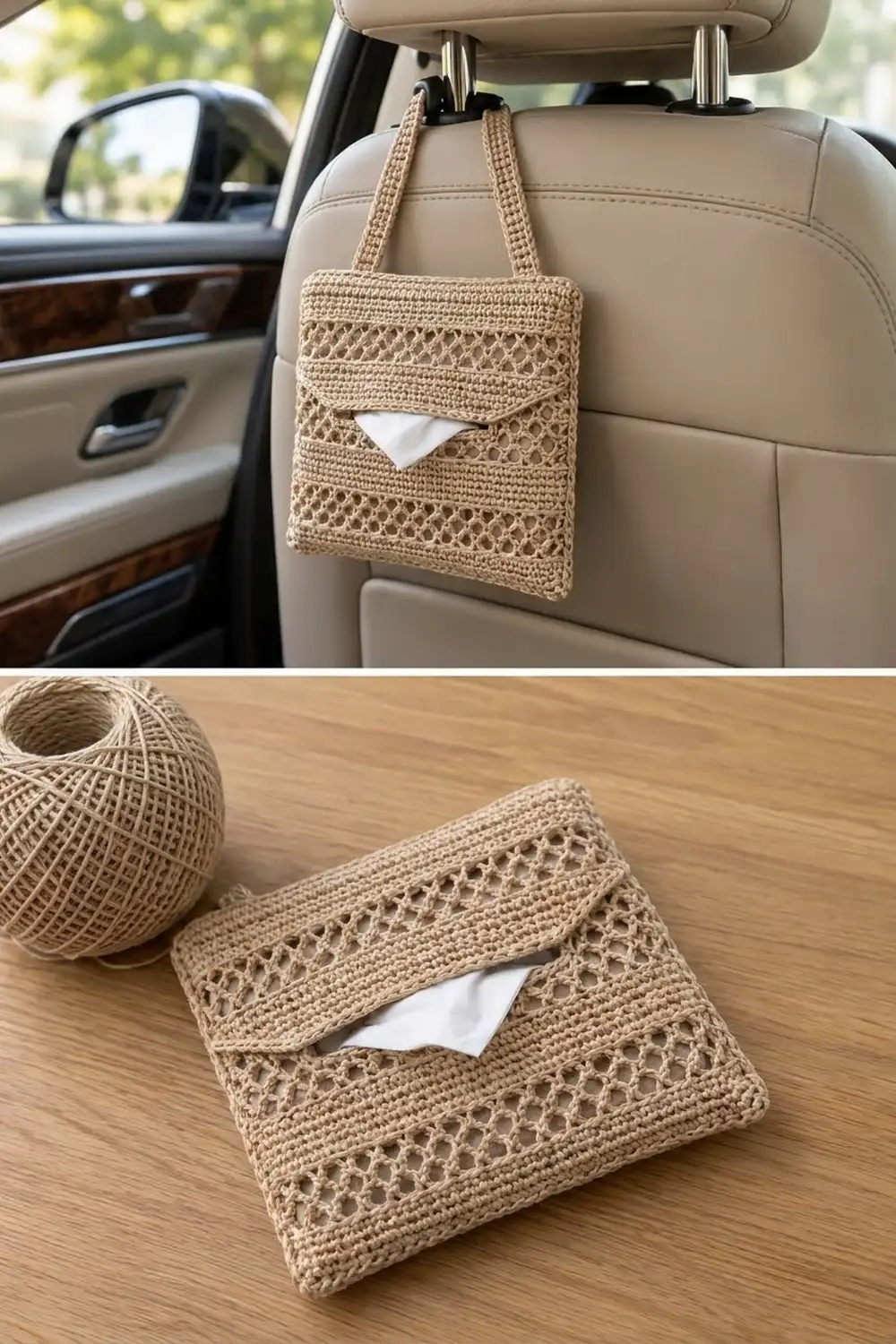 Beige open-weave crocheted tissue holder displayed hanging from a car headrest and styled on wood with yarn.