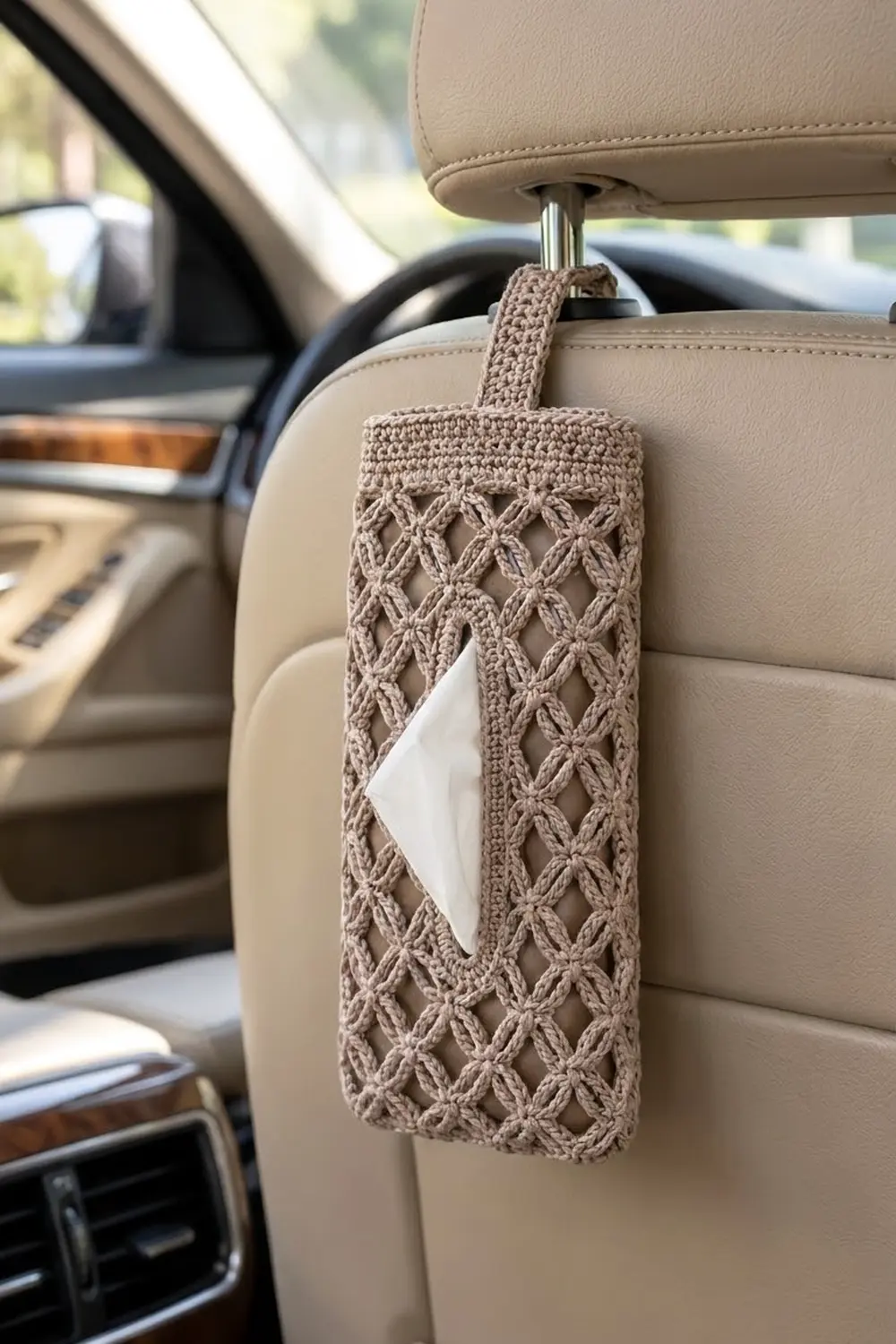 Beige crocheted tissue holder with openwork pattern hanging from car seat headrest, holding white tissue in luxury car interior.