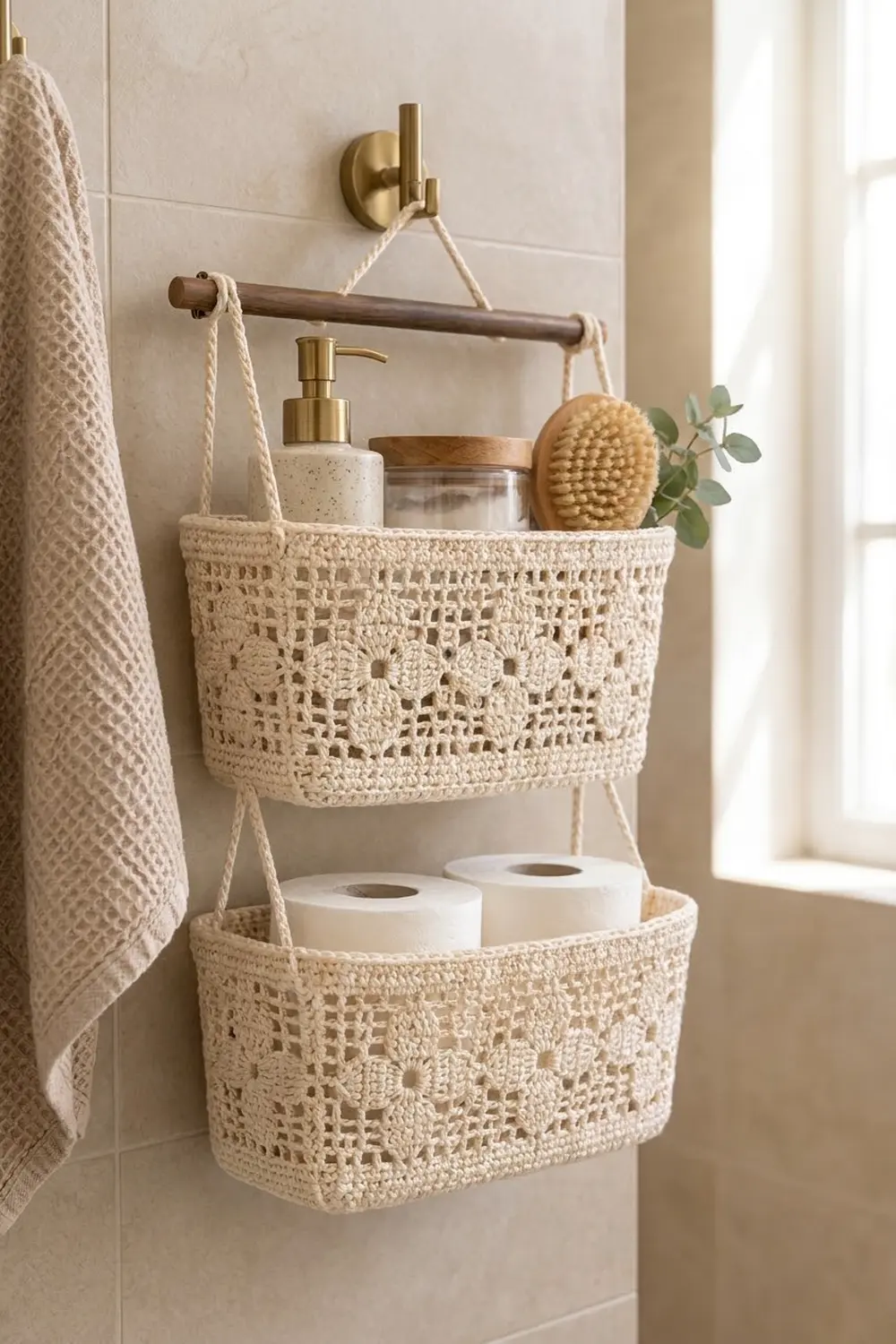 Cream crocheted hanging organizer with two openwork baskets suspended from wooden bar in bright bathroom.
