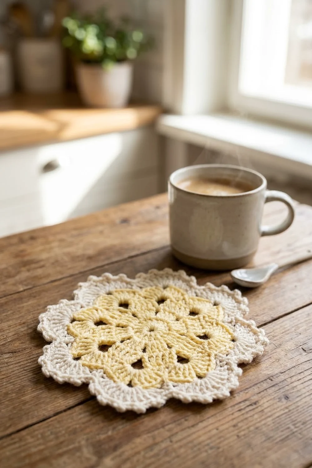 A cream and yellow crocheted doily sits on a wooden table beside a beige mug of coffee in a bright kitchen.
