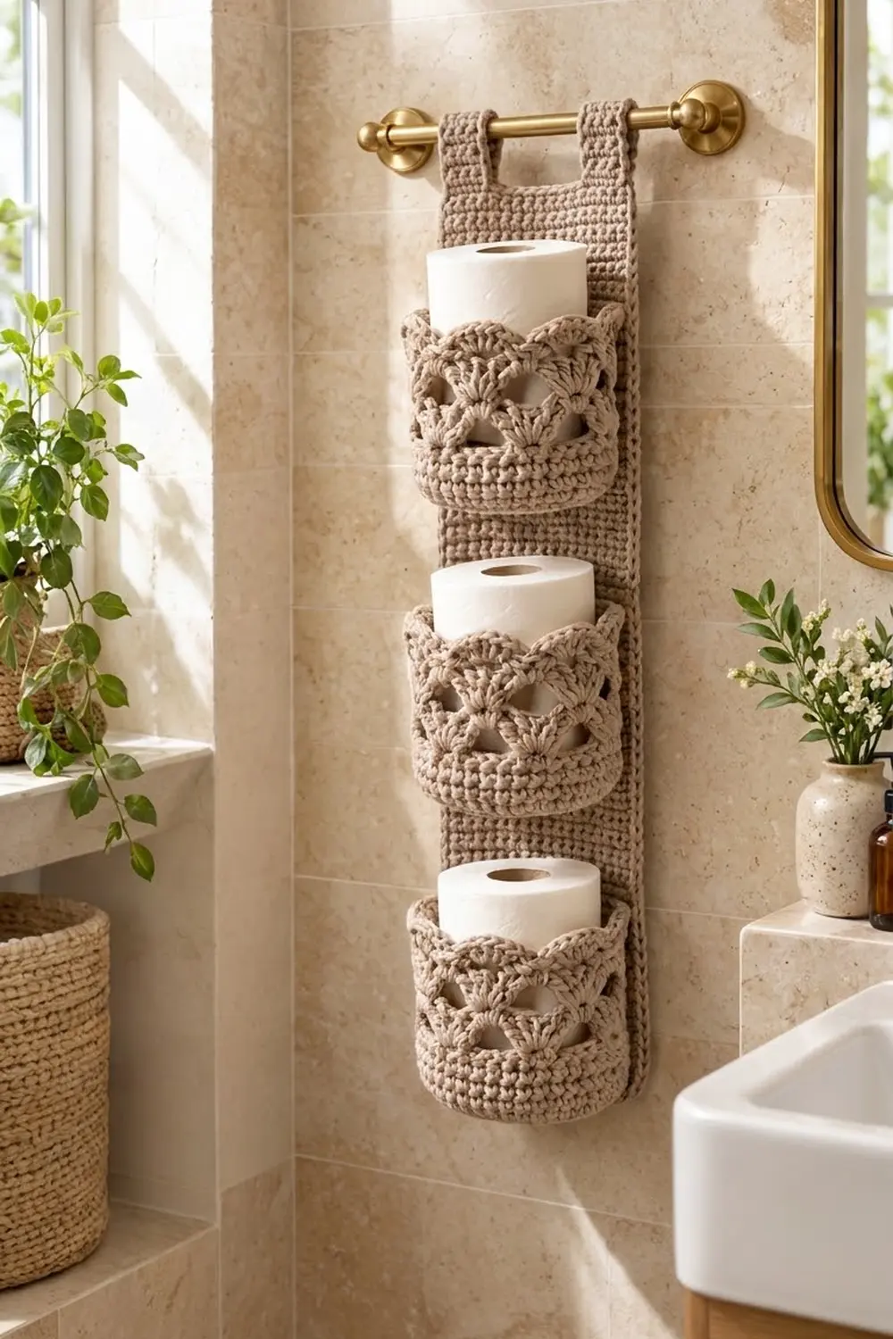 Tan crocheted toilet paper holder with three white rolls on a brass rod in a neutral, plant-filled bathroom.
