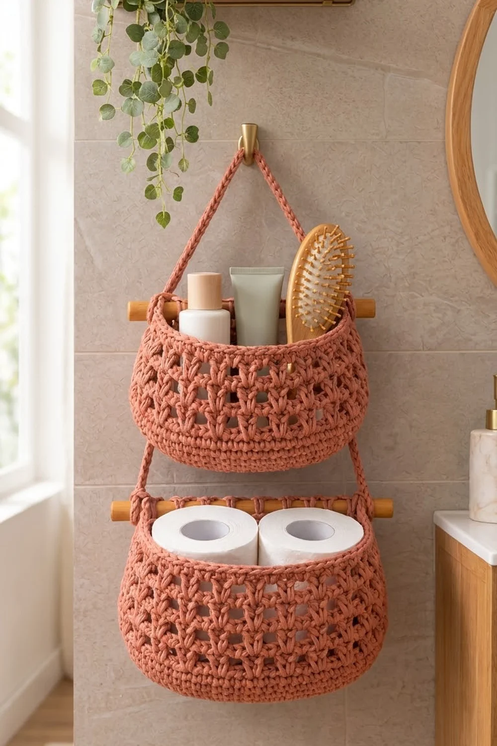Coral crocheted two-tier organizer with wood dowels storing bath products and toilet paper in minimalist bathroom with cascading green plants.