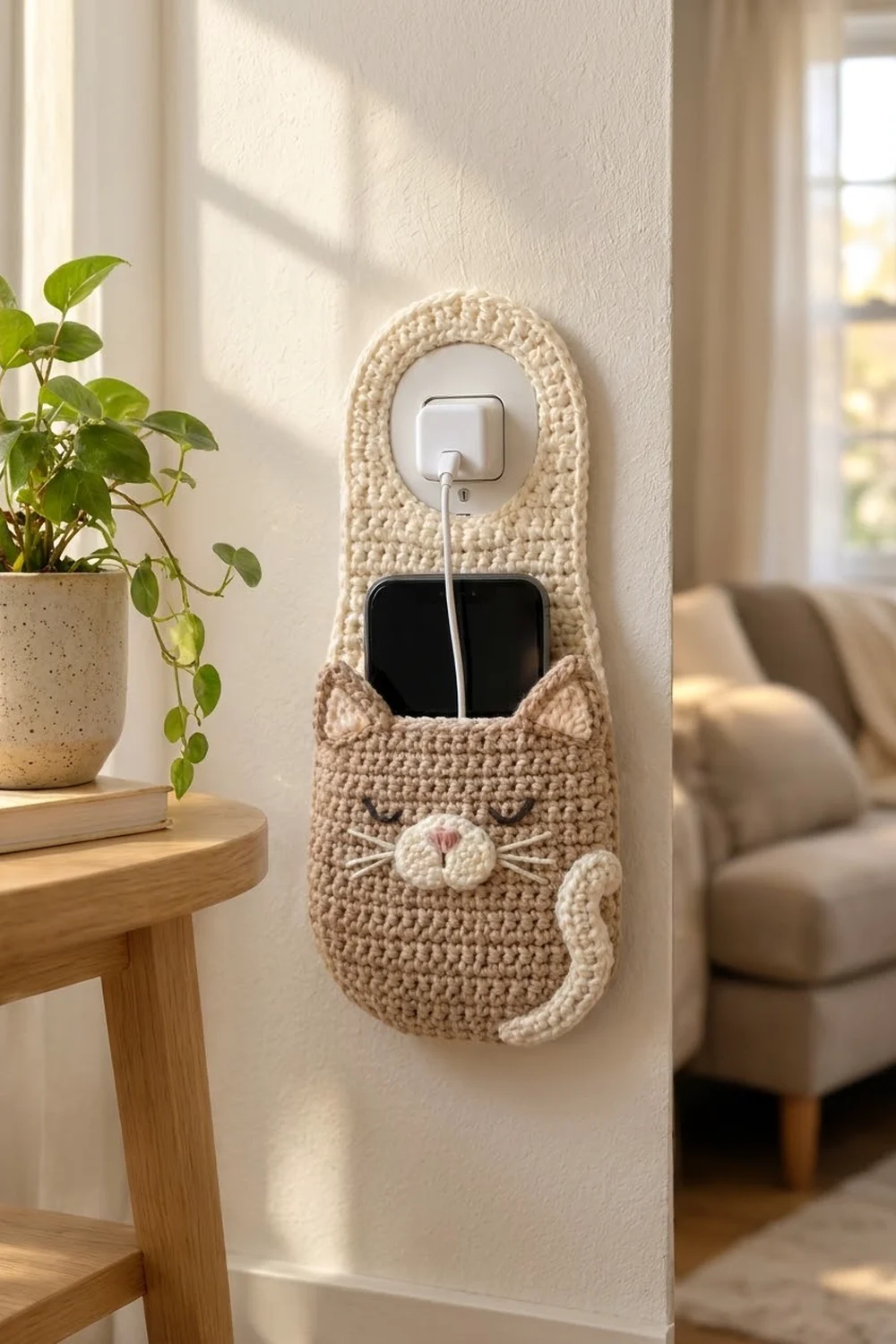 Cream crocheted cat-shaped outlet holder mounted on white wall in a sunlit living room with plant and furniture.