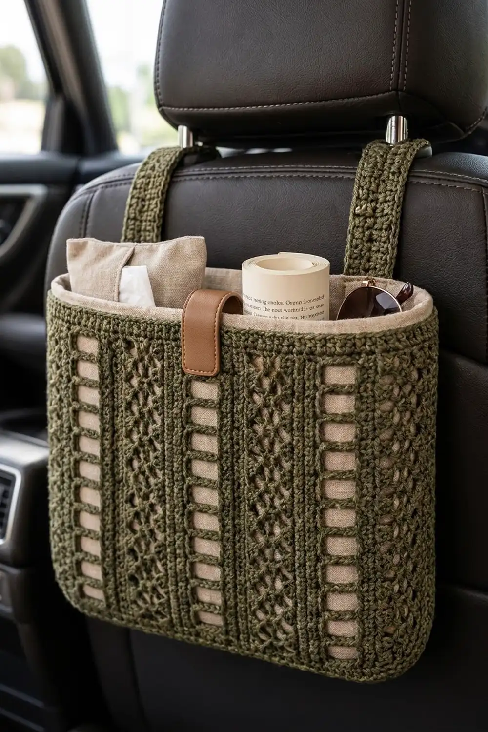 Olive crocheted car organizer with cable detailing hanging on a black leather car seat, holding tissues, sunglasses, and a book.