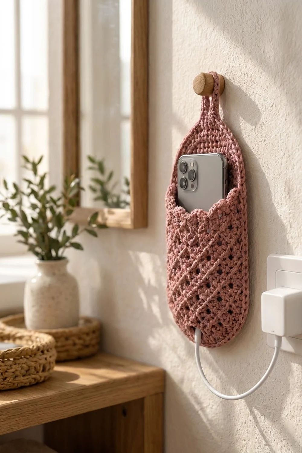 Dusty rose crocheted phone holder hangs from a wooden peg on a white wall, displaying a silver iPhone.