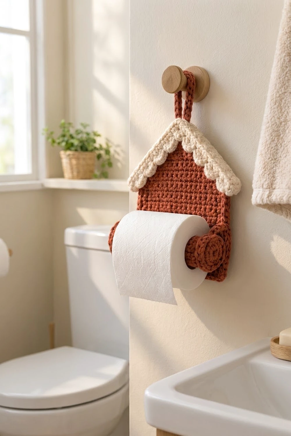 Handmade crochet house-shaped toilet paper holder in rust and cream mounted on sunny bathroom wall.