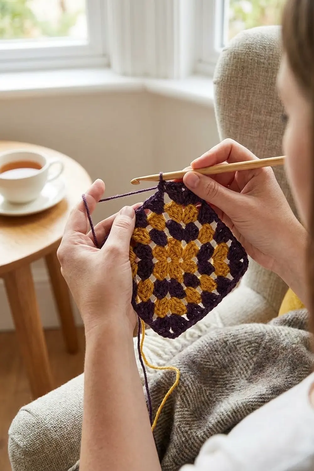 Person crocheting a granny square blanket in purple and gold yarn while sitting on a couch with tea nearby.