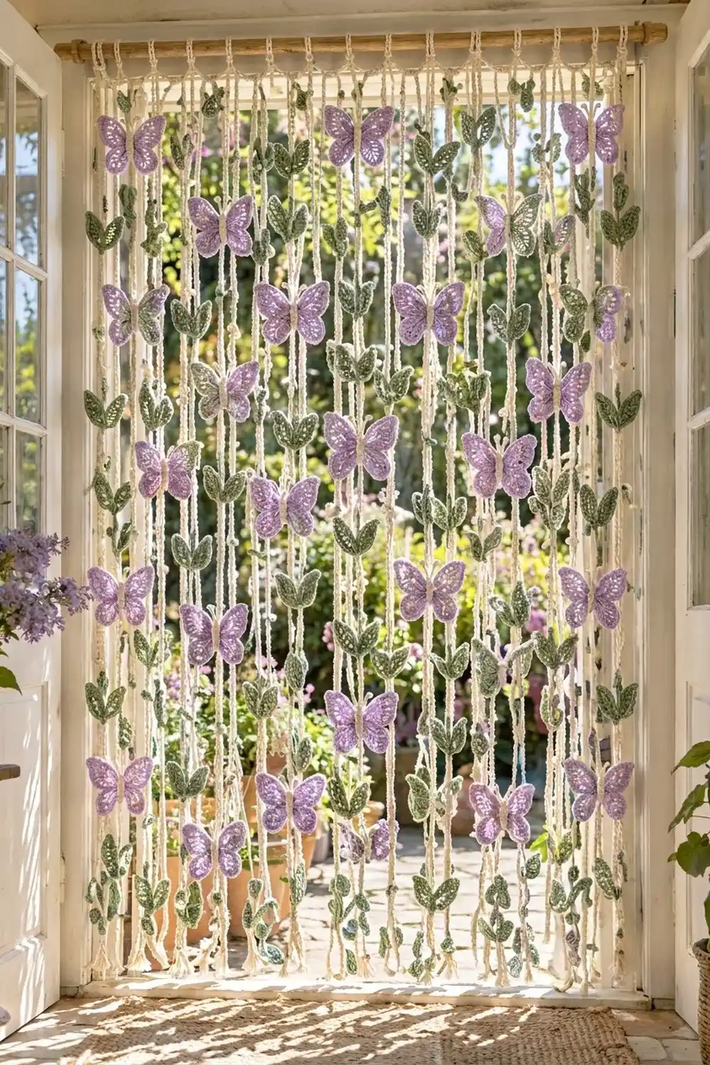 Crocheted butterflies and leaves in purple and green suspended in a sunny window doorway.
