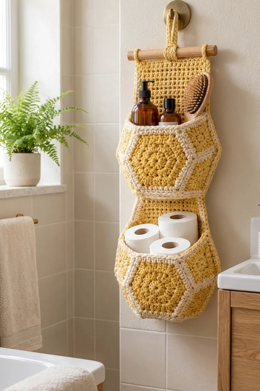 Yellow crocheted bathroom organizer with hexagonal pockets holding toiletries, comb, and toilet paper on a tiled wall.