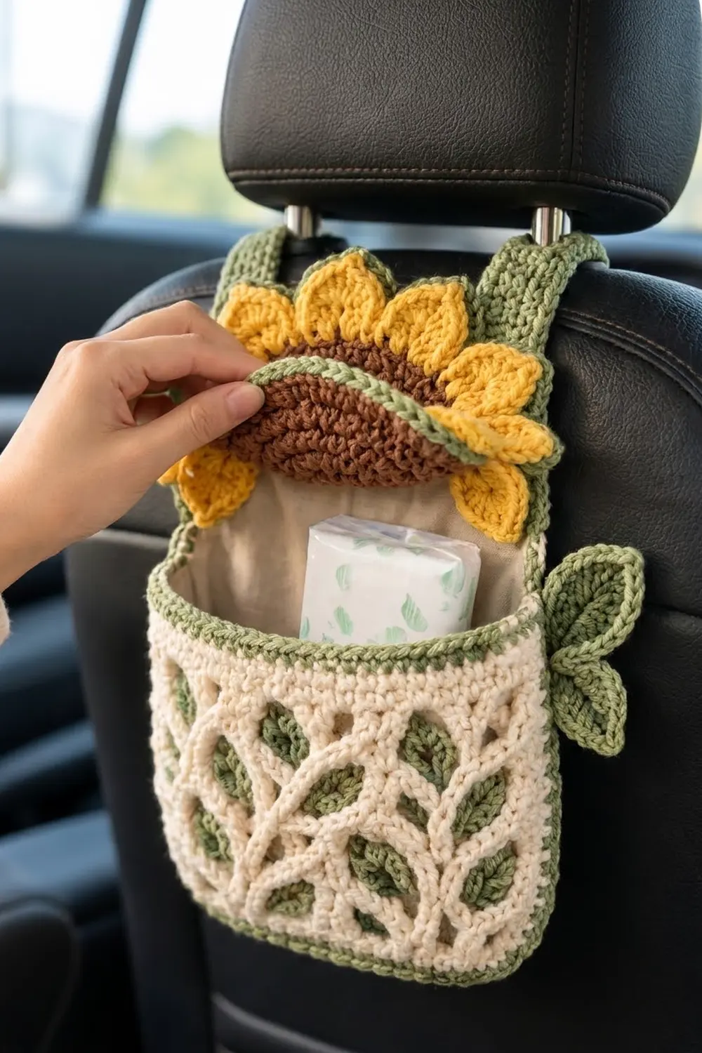Crocheted sunflower car organizer in cream and green with golden petals, mounted on a car headrest, holding tissues.