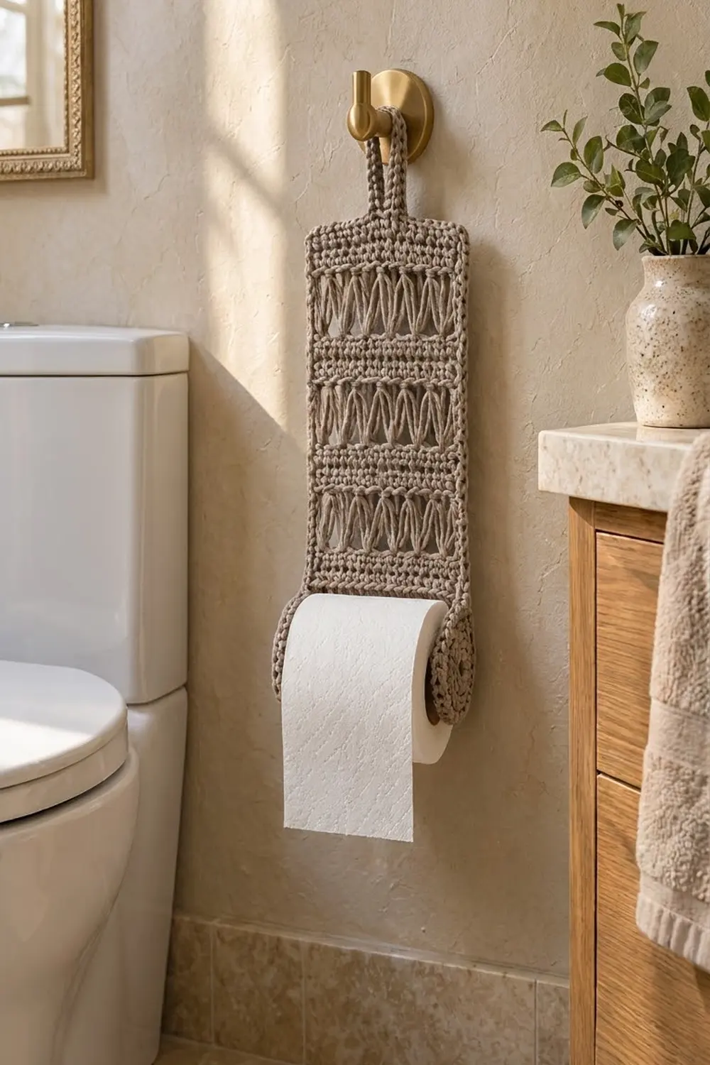 Light gray macramé toilet paper holder with gold hook, holding white tissue roll in a modern bathroom.