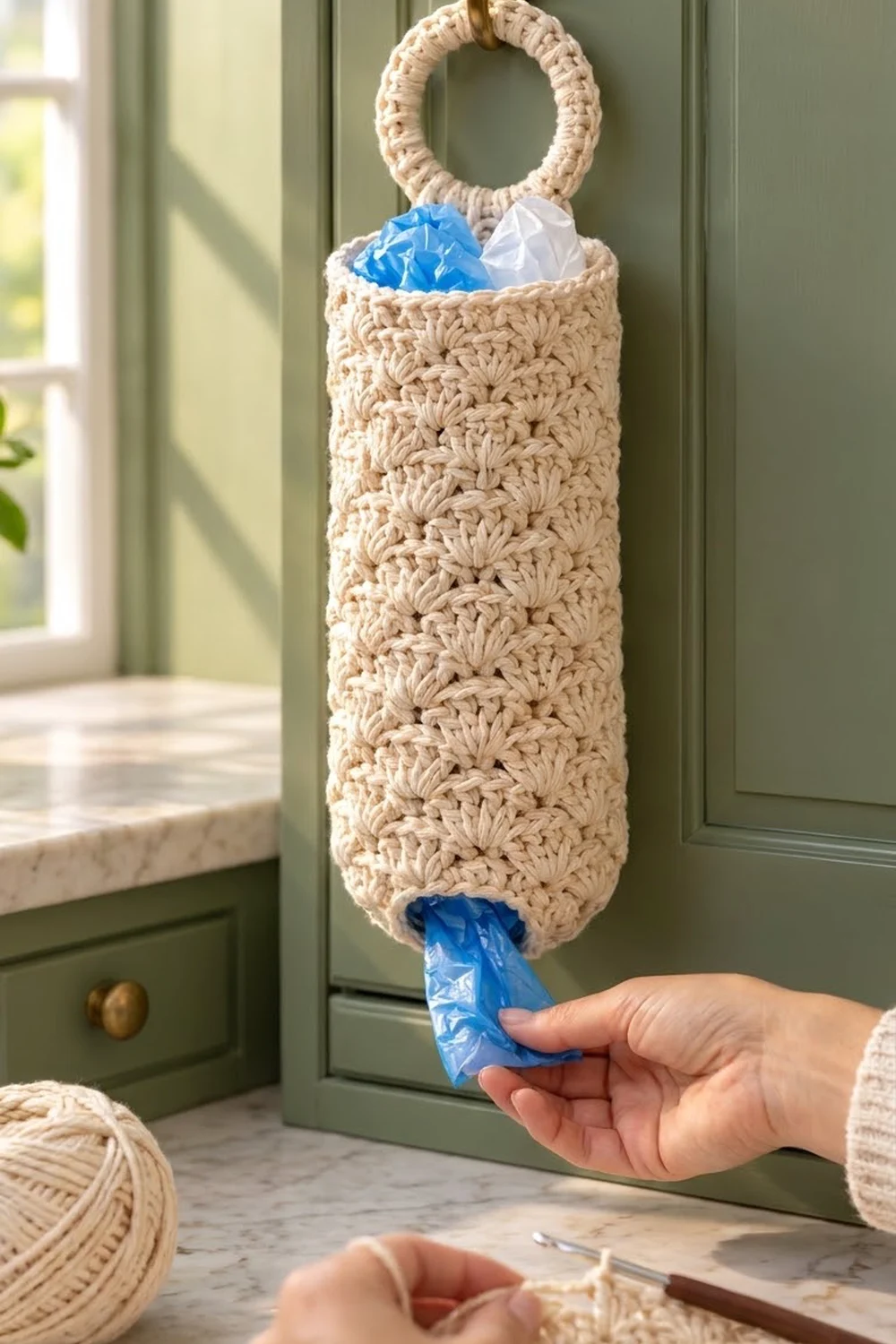 Beige crocheted plastic bag holder with loop handle hanging on green cabinet, displaying blue bags in sunny kitchen.