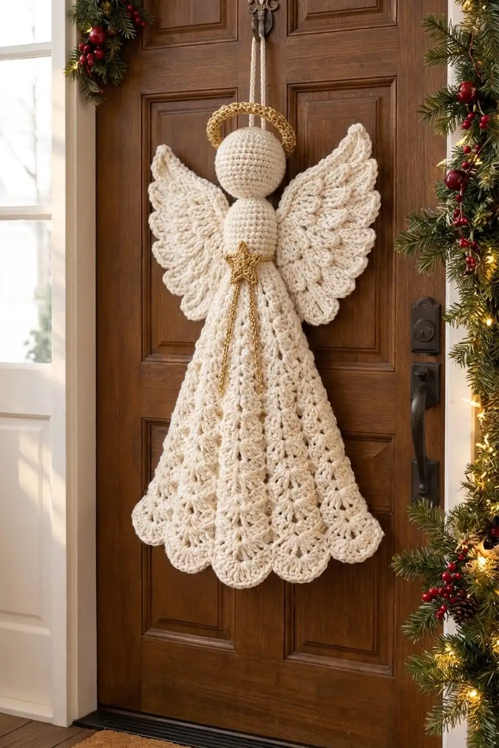 Crocheted cream-colored angel with golden halo and wings displayed on a wooden door surrounded by holiday garland.