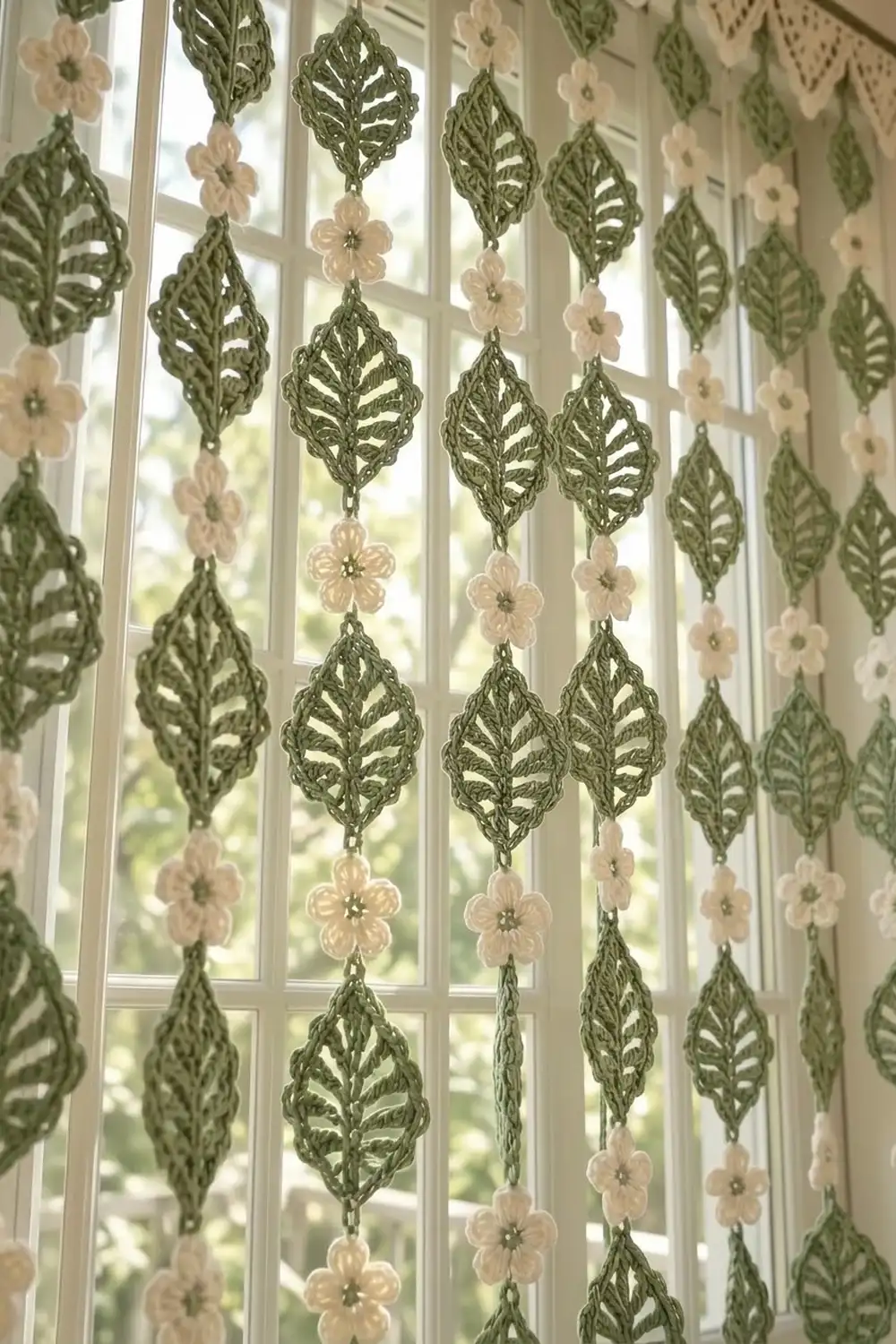 Crocheted leaf and flower garland in sage green and cream hanging in front of a window.
