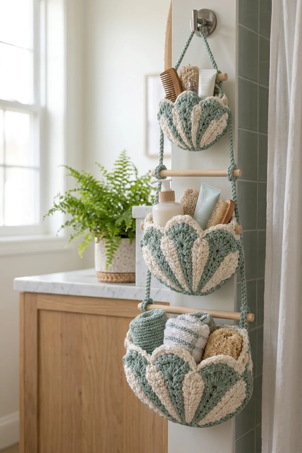 Cream and sage green crocheted shell-shaped wall organizer holding bathroom items above a marble vanity sink.