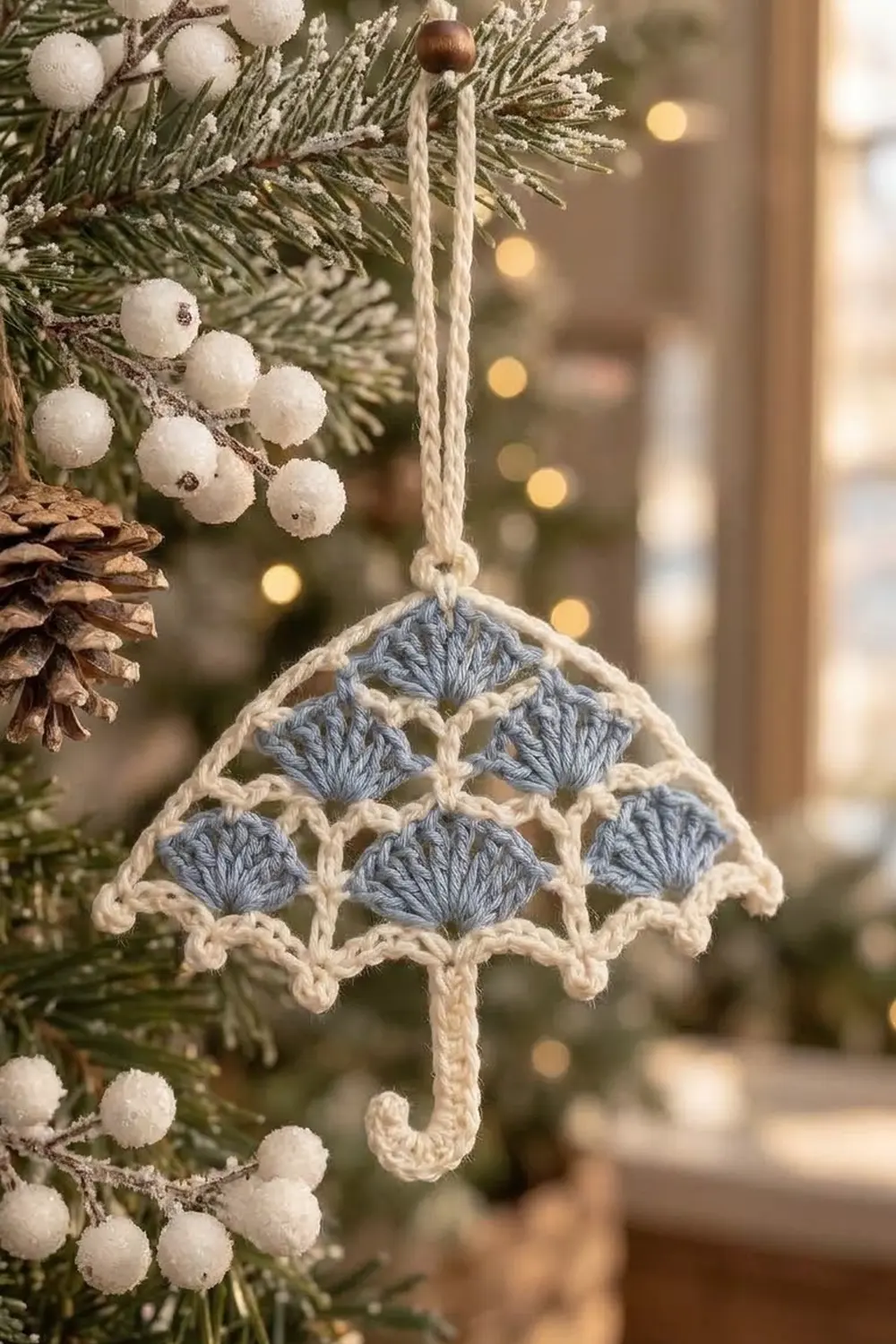 A crocheted umbrella ornament in cream and blue hangs from evergreen branches decorated with white berries and pinecones.
