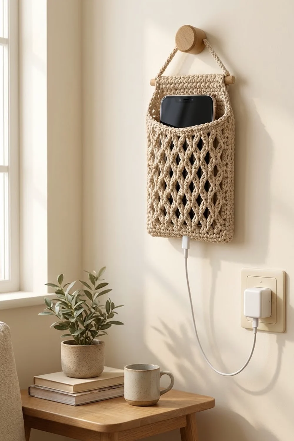 Cream crocheted phone holder with open weave pattern mounted on wall above table with plants and books, holding a smartphone.