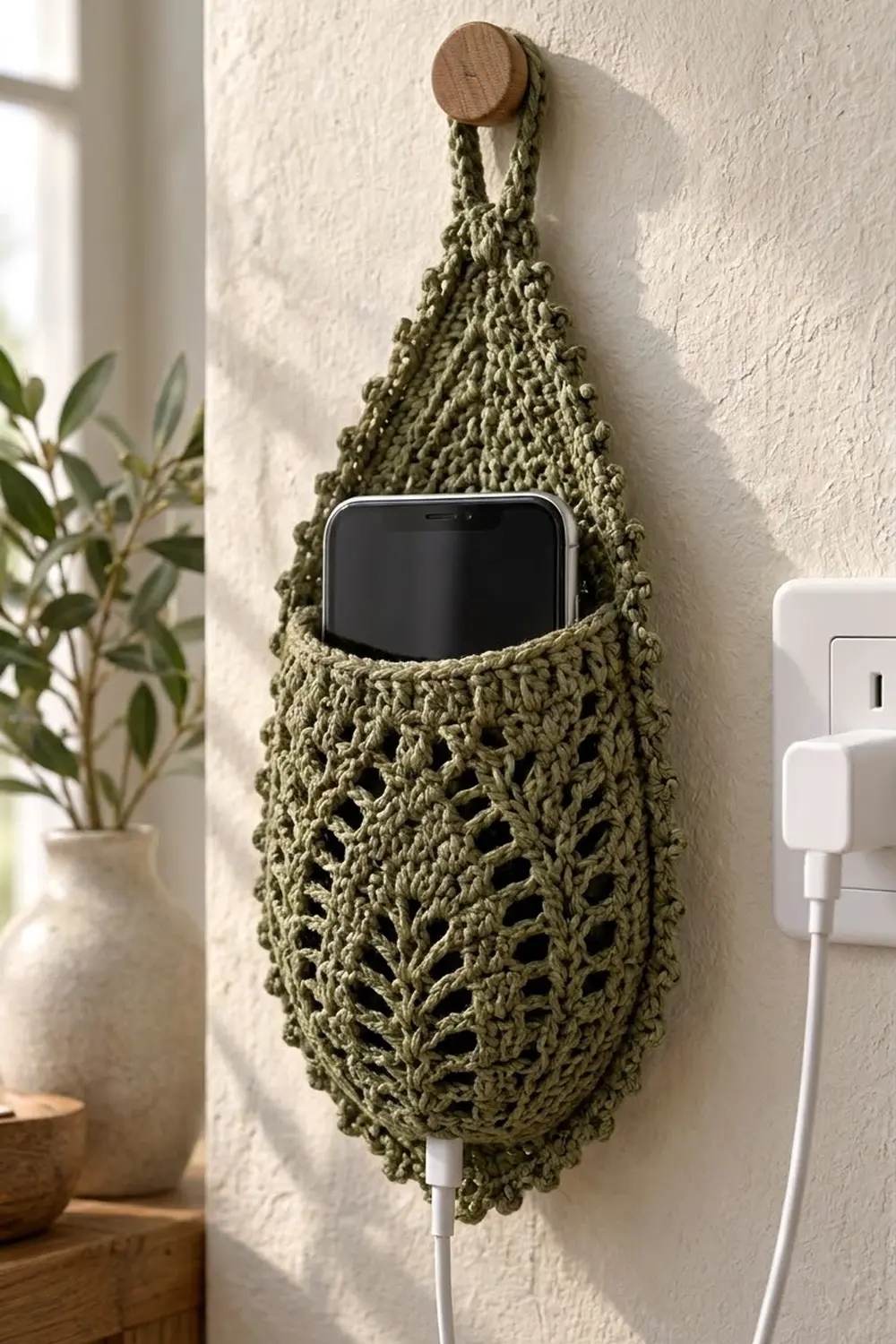 Sage green crocheted phone holder hanging on white wall with smartphone inside, beside a potted plant.