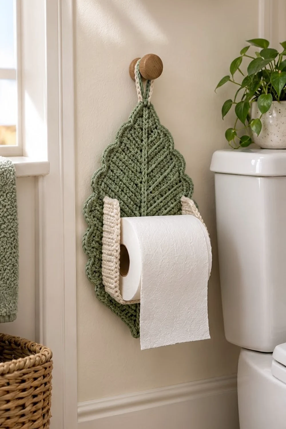 Sage green crocheted leaf holder with cream accents displays white toilet paper on a cream wall beside potted plants.