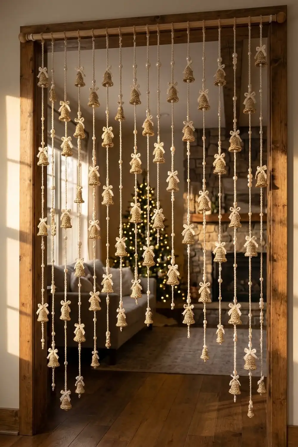 Gold crocheted bell curtain with cream bows decorates wooden doorway, with illuminated Christmas tree visible through the strands.
